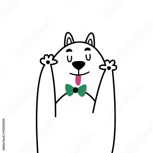 Funny comic cartoon illustration with boy cat. Minimalistic linear portrait son of cats. A small child brawls and shows his tongue at camera. Beautiful cute print for clothes, sticker, poster, cover.