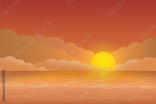 Fototapeta Naklejka Na Ścianę i Meble -  Vector illustration - Evening beach silhouette. Sand, ocean on background.