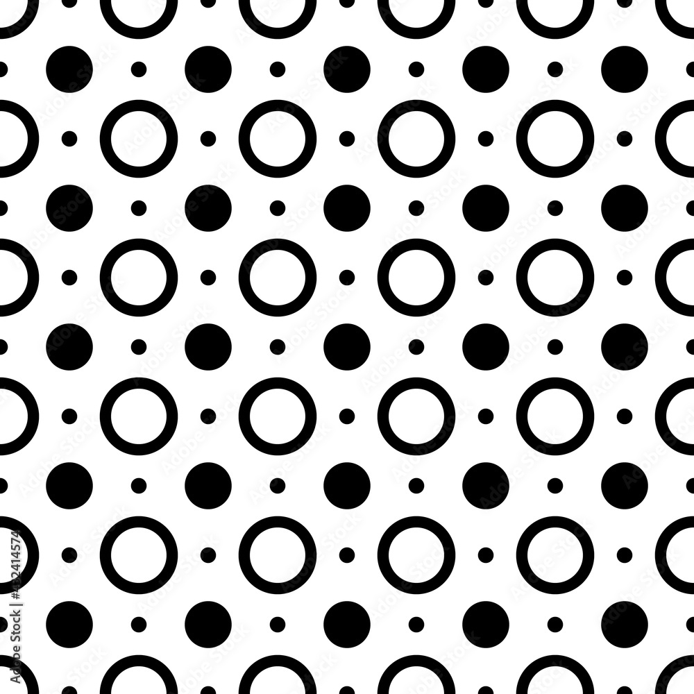 Polka dots pattern. Vector dots and empty hoops. Black and white color. Polka dots pattern. Vector dots and empty hoops. Black and white color.