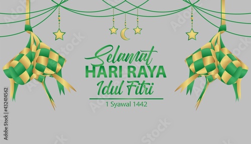 selamat hari raya idul fitri vector illustration with ketupat realistic, crescent moon, and stars