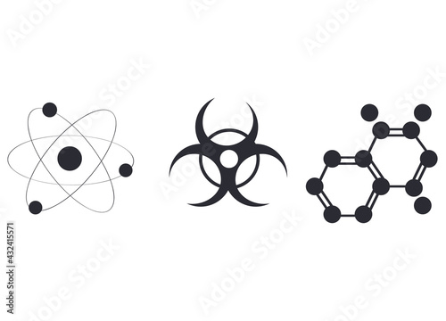 set of scientific symbols icons isolated on white background. symbols of science: molecule, toxic production, atomic structure. simple emblems. logo. vector flat.