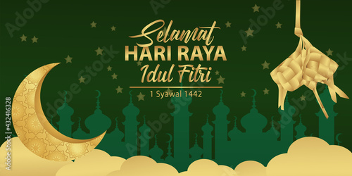 Concept design Selamat Hari Raya Idul Fitri 1442 Hijriah with golden crescent moon and ketupat elements. Vector Illustration.
