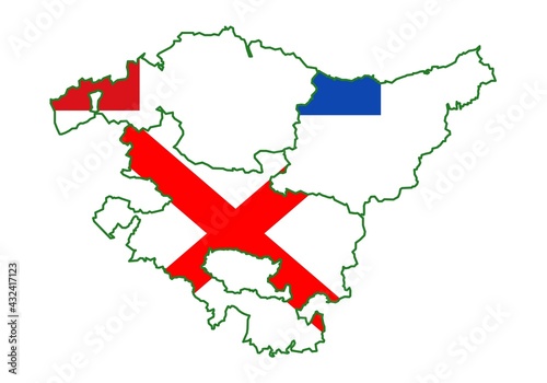 Mapa de las tres provincias del País Vasco o Euskadi con las banderas se sus respectivas capitales vascas