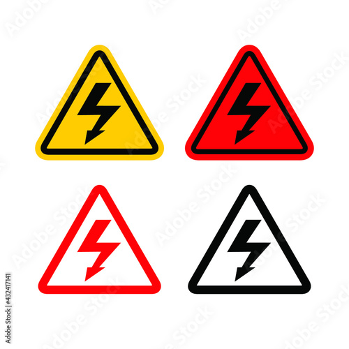 High voltage warning triangular Icon. Lightning bolt, thunder symbols or flash pictogram. Electrocution danger illustration.