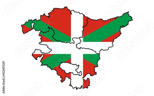 Mapa del País Vasco o Euskadi con las provincias de Guipúzcoa, Donostia, Vizcaya y Bilbao  y la bandera de la Ikurriña de fondo