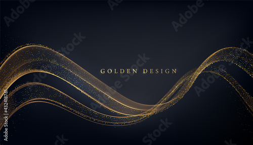 Abstract Gold Waves. Shiny golden moving lines design element with glitter effect on dark background for greeting card and disqount voucher.