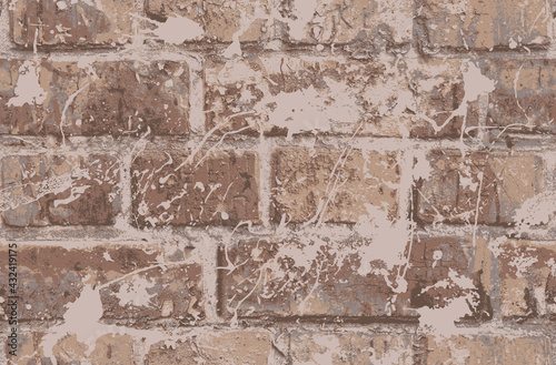 Abstract seamless pattern with old brown brick wall and paint spots. Vector texture with splattered messy brickwork in the grunge style. Repeating background, wallpaper, wrapping paper, fabric