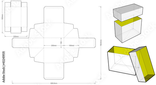 Top and Bottom box (Internal measurement 20x10x15cm) and Die-cut Pattern. Ease of assembly, no need for glue. The .eps file is full scale and fully functional. Prepared for real cardboard production.