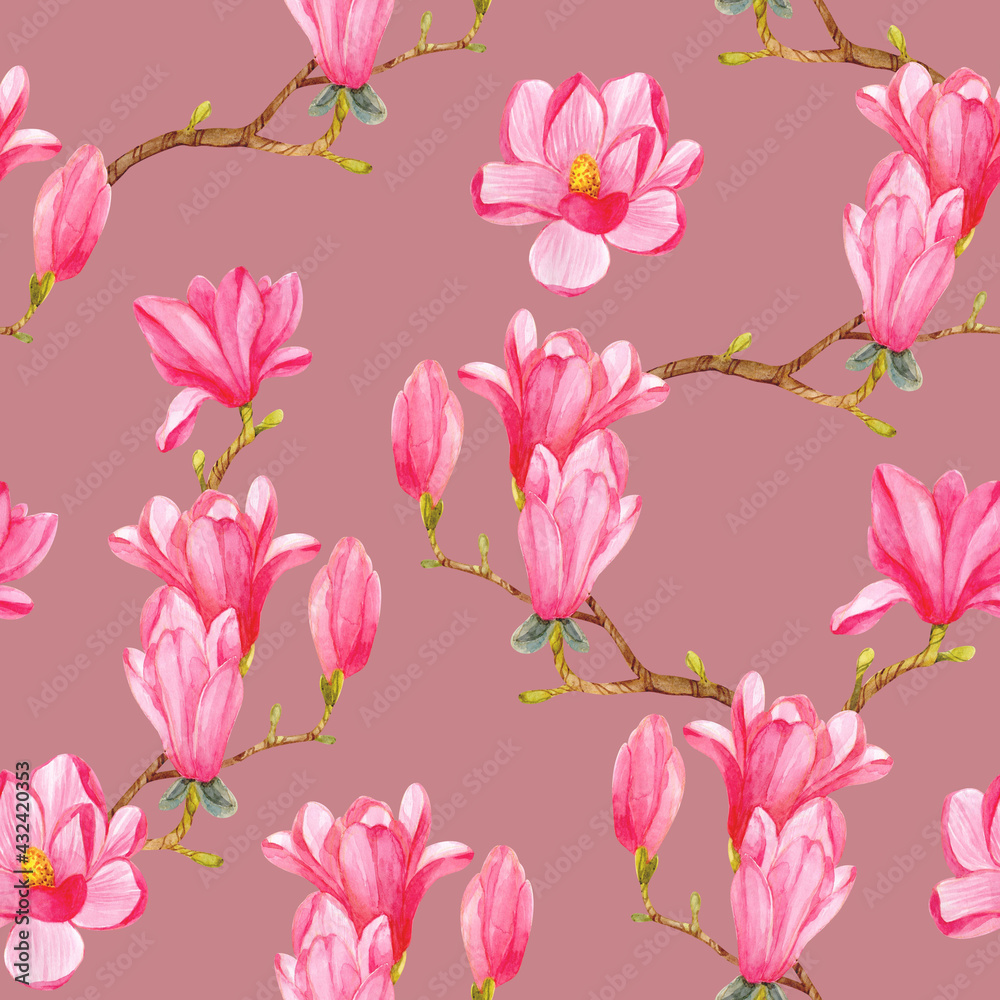 Seamless pattern with watercolor branches of blooming magnolia.