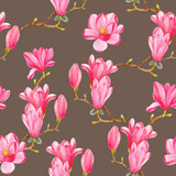 Seamless pattern with watercolor branches of blooming magnolia on a dark background.