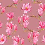 Seamless pattern with watercolor branches of blooming magnolia.
