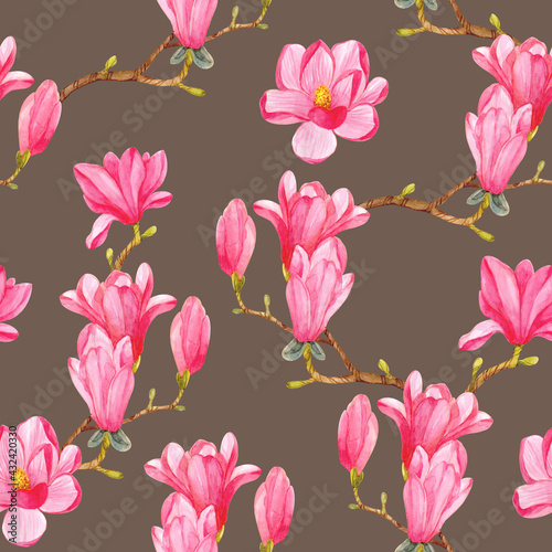 Seamless pattern with watercolor branches of blooming magnolia on a dark background.