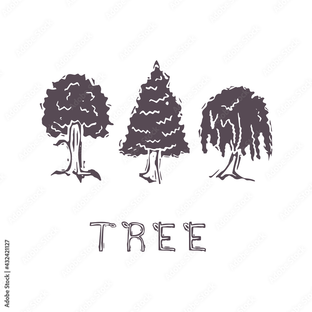 Hand carved bold block print tree text icon clip art. Folk illustration