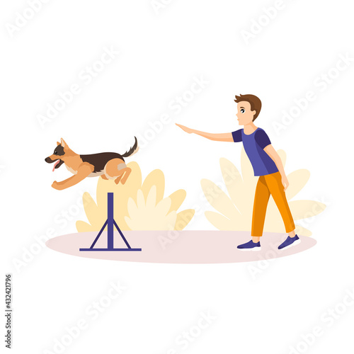 Vector illustration in cartoon style isolated on white background. Boy training his pet in the park. German shepherd having agility lesson. Jump command training