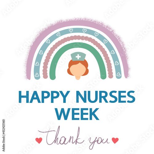 Happy Nurses Week medical concept on white. Thank you lettering with hearts. Cute rainbow and nurse portrait.