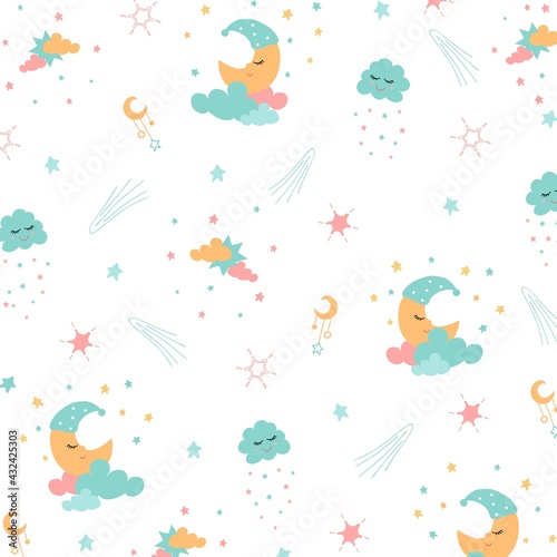 Vector seamless patterns for wallpaper kids room. seamless patterns with cute cartoon characters star, cloud, moon. Good night, sweet dreams illustration. For children design and textiles