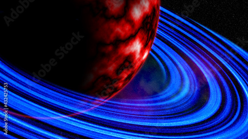 Large red planet with neon blue rings in outer space nebula with stars. Environment 360 HDRI map. Equirectangular projection, spherical panorama. 3d illustration. 