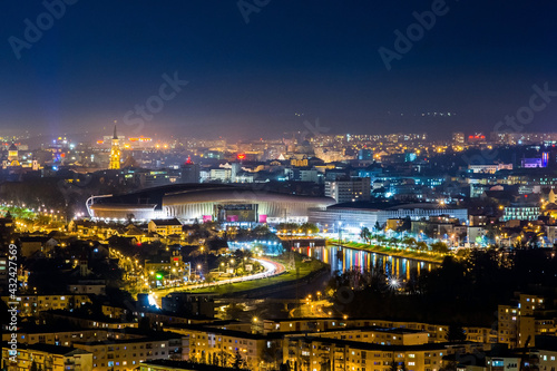 Night view of the city of Cluj-Napoca and its football stadium