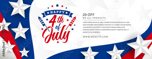 Happy 4th of July since 1776, USA Independence day Celebration design with firework and stars on modern United States national flag wave with 3d star promotional template
