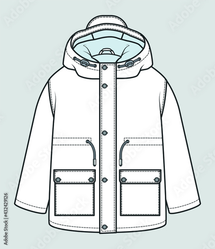 COAT Flat Sketch. Technical drawing APPAREL template. WATER REPELLENT FOR KIDS.
