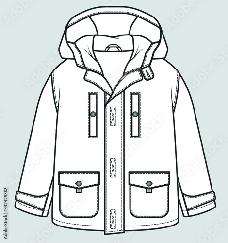 COAT Flat Sketch. Technical drawing APPAREL template. WATER REPELLENT FOR KIDS.