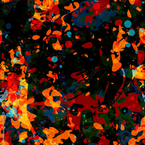Shiny red and orange blots on dark background. Flame effect, Seamless pattern