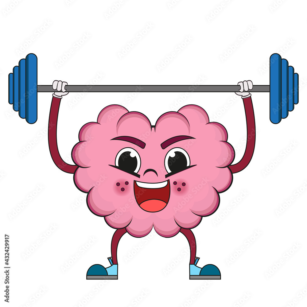 Isolated cartoon of a brain lifting weights Isolated cartoon of a brain lifting weights