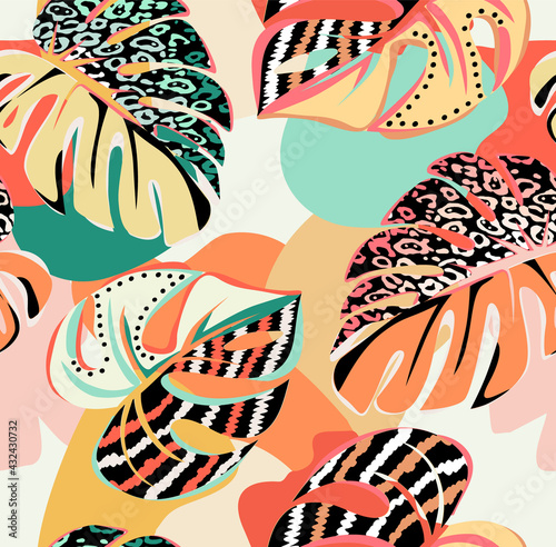 tropical pattern with multicolored hand drawn elements and funny background. pattern for fashion and decoration