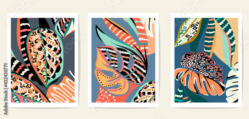 Botanical wall art vector set with tropical leaves, perfect for modern invitation cards, fashion design, covers. Plant art design for print, wallpaper.