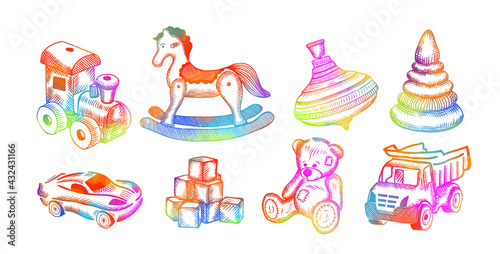 A set of children's colorful toys drawn with a pen. Vector illustration