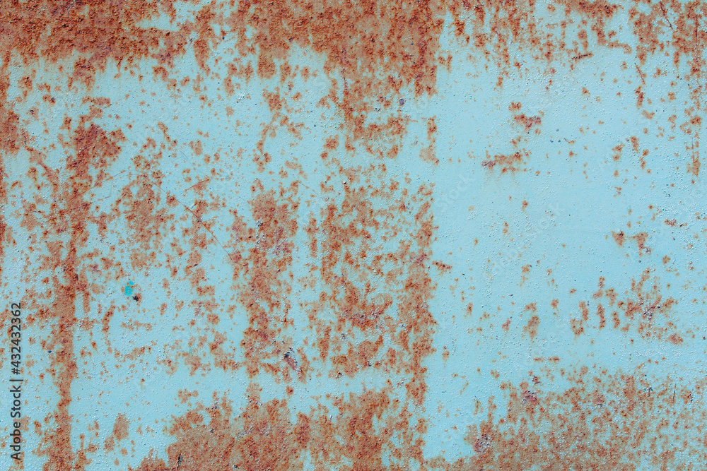 Blue metal texture with a rough surface. Traces of corrosion and elements of paint streaks and fading in the sun.