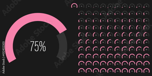 Set of circular sector arc percentage diagrams meters progress bar from 0 to 100 ready-to-use for web design, user interface UI or infographic - indicator with pink
