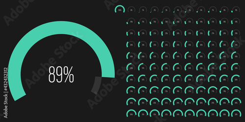Set of circular sector arc percentage diagrams meters progress bar from 0 to 100 ready-to-use for web design, user interface UI or infographic - indicator with green