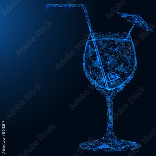 A glass with a refreshing drink. Polygonal construction of lines and points. Blue background.