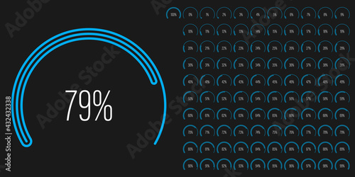 Set of circular sector arc percentage diagrams meters progress bar from 0 to 100 ready-to-use for web design, user interface UI or infographic - indicator with blue