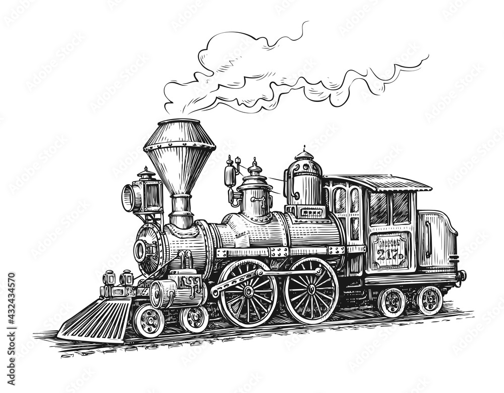 Retro steam locomotive transport sketch. Hand drawn vintage vector illustration