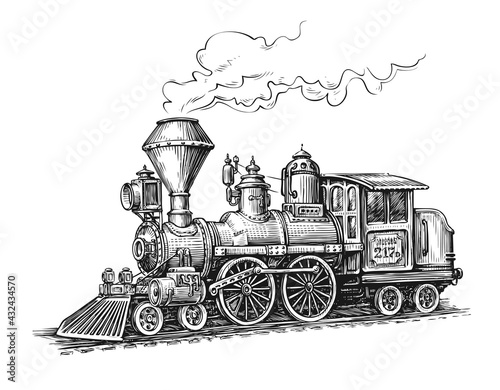 Obraz na plátně Retro steam locomotive transport sketch
