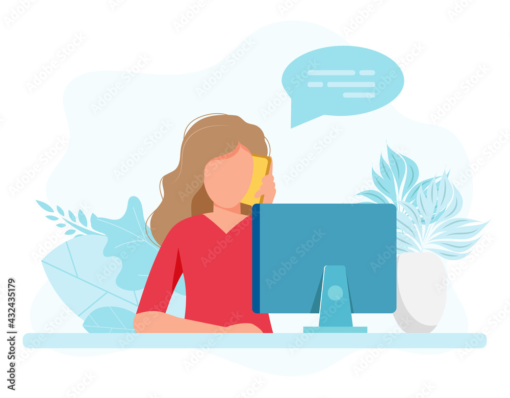 Secretary woman sitting at a desk responding to a call. Vector illustration in flat style