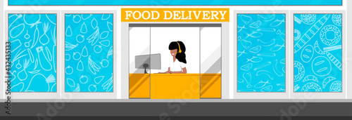 Woman operator accepts online orders for fast food delivery. Fast food delivery. 