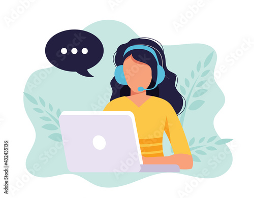 Customer service landing page. Woman with headphones and microphone with laptop. Concept illustration for support, assistance, call center. Vector illustration in flat style
