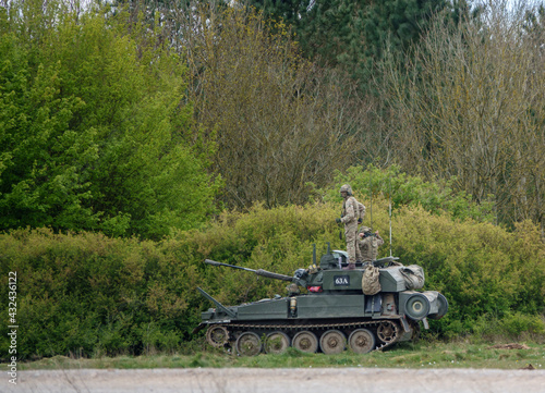 british army FV107 Scimitar armoured tracked military reconnaissance vehicle on maneuvers Salisbury Plain military training area
