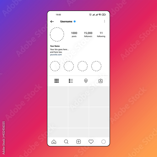Vector layout. Screenshot of Instagram app account screen. Page interface. Social network account templates.