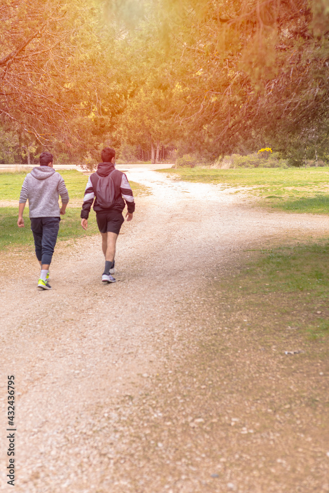 Fototapeta premium Two young teenagers walking along a rural stone path on a sunny afternoon.
