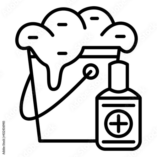 Bucket with foam, bottle with antiseptic. Hygiene, cleaning and disinfection of surfaces. Vector Icon, Outline, Isolated, 48x48 Pixel.