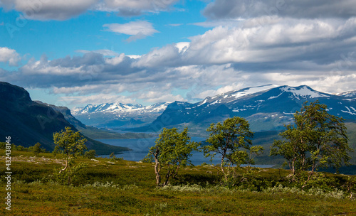 Hiking Kungsleden trail from Saltoluokta to Kvikkjokk in summer (near Saltoluokta), Swedish Lapland.