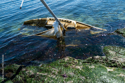 A shipwrecked sailboat washed up on a remote island in the San Juan Islands