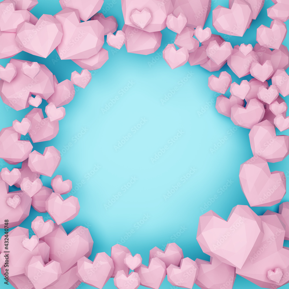 Frame made of hearts with free space for text. 3d low poly love symbols. Blank romantic valentine's day card. Poigonal balloons