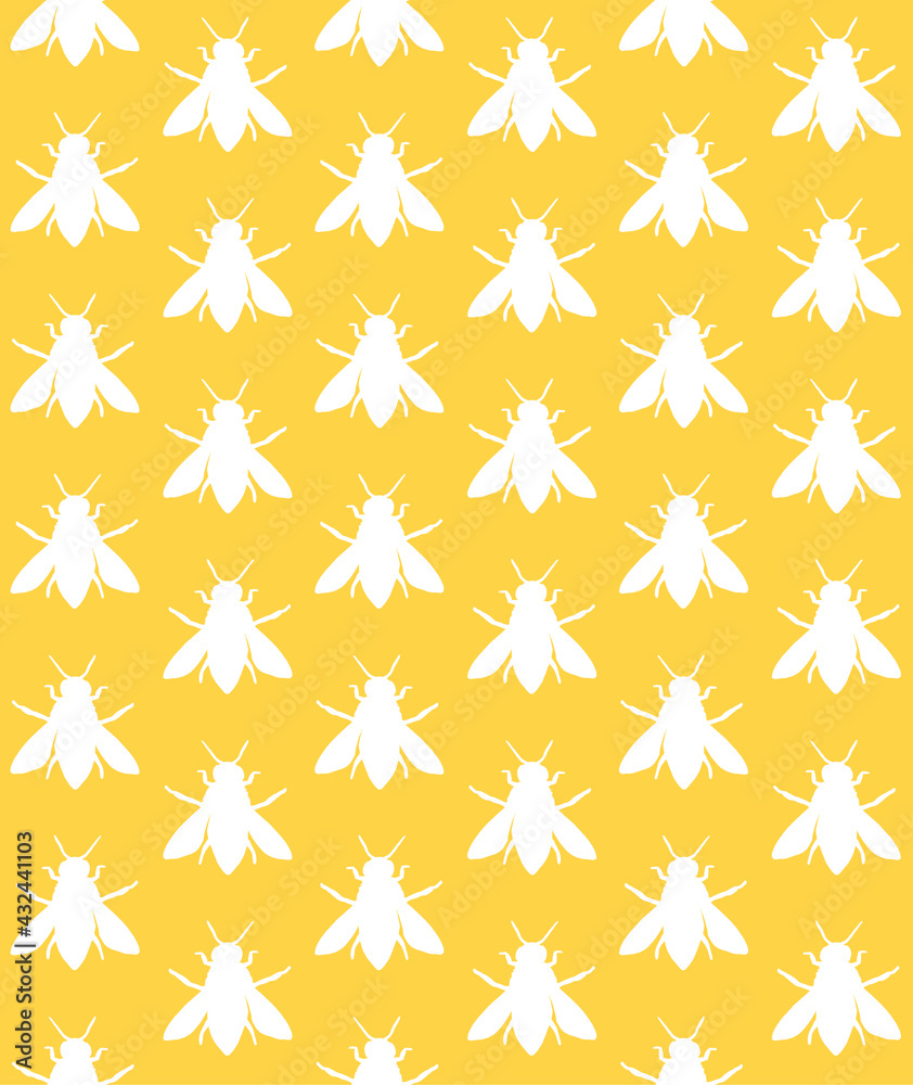 Vector seamless pattern of white hand drawn bee silhouette isolated on yellow background Vector seamless pattern of white hand drawn bee silhouette isolated on yellow background