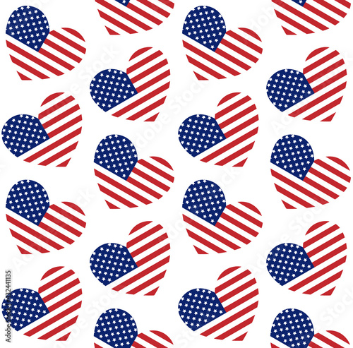 Vector seamless pattern of the USA American flag heart isolated on white background © Sweta