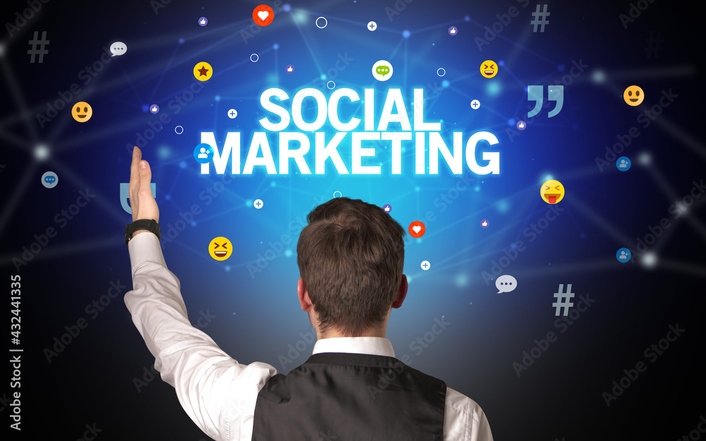 Rear view of a businessman, social media concept Rear view of a businessman, social media concept